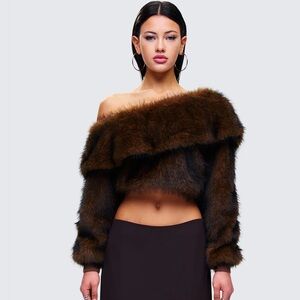 Finesse Nadi Brown Faux Fur Off Shoulder Top